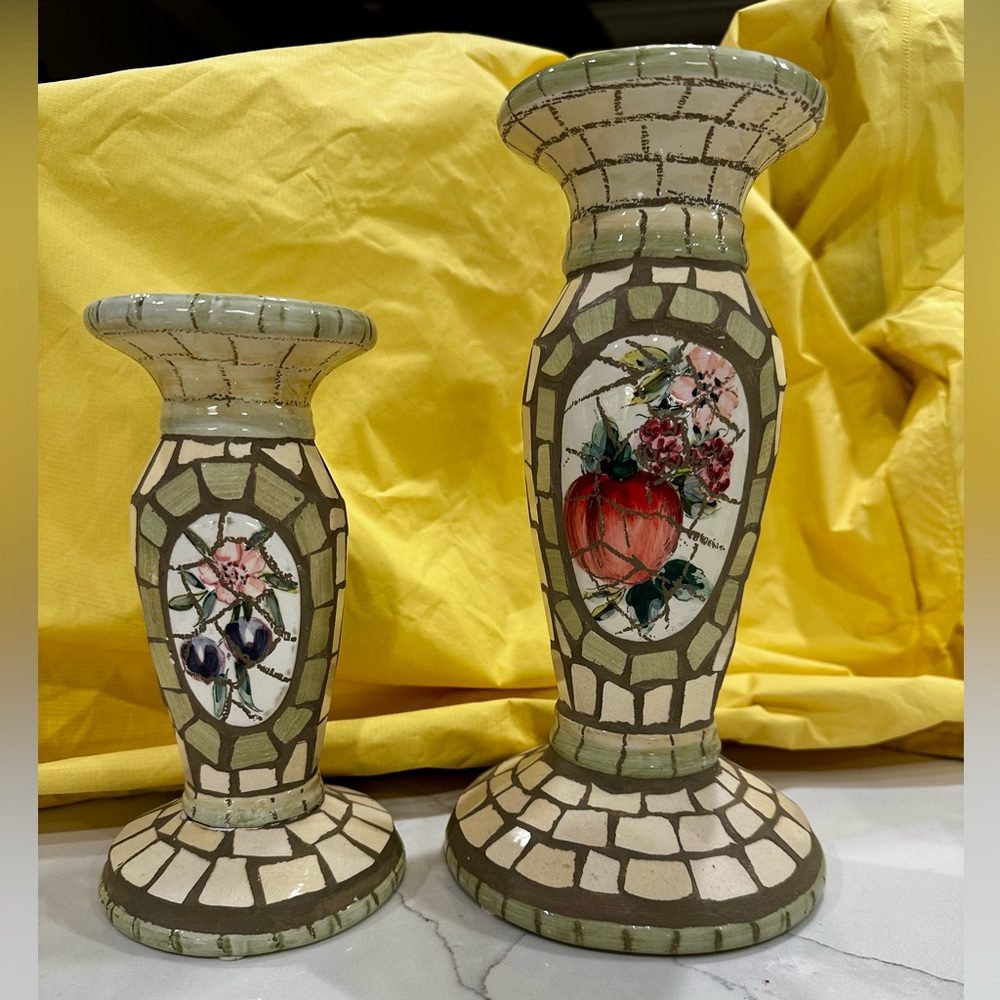 Floral and Fruit Mosaic Green and Cream Tile Pedestal Candle Holders Set of 2